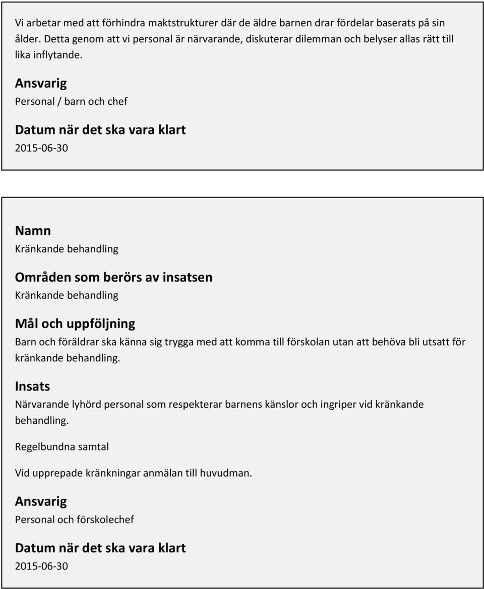 Personal / barn och chef Kränkande behandling Kränkande behandling Barn och föräldrar ska känna sig trygga med att komma till förskolan utan att