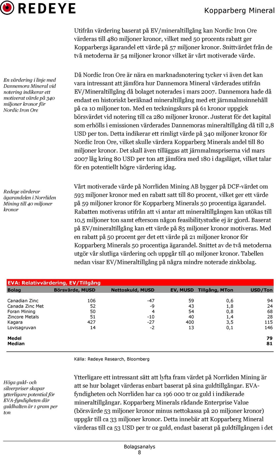 En värdering i linje med Dannemora Mineral vid notering indikerar ett motiverat värde på 340 miljoner kronor för Nordic Iron Ore Då Nordic Iron Ore är nära en marknadsnotering tycker vi även det kan