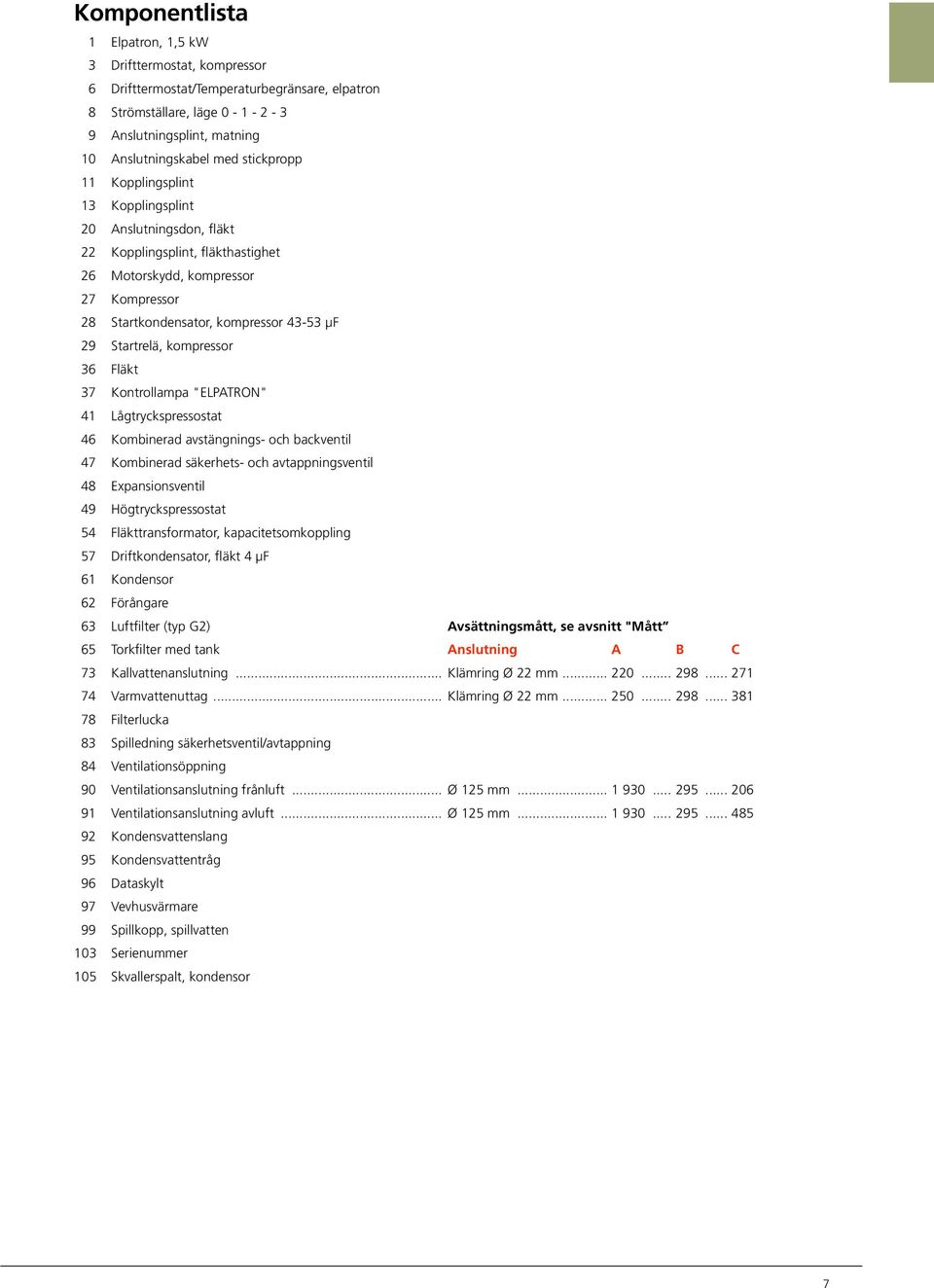 Startrelä, kompressor 36 Fläkt 37 Kontrollampa "ELPATRON" 41 Lågtryckspressostat 46 Kombinerad avstängnings- och backventil 47 Kombinerad säkerhets- och avtappningsventil 48 Expansionsventil 49