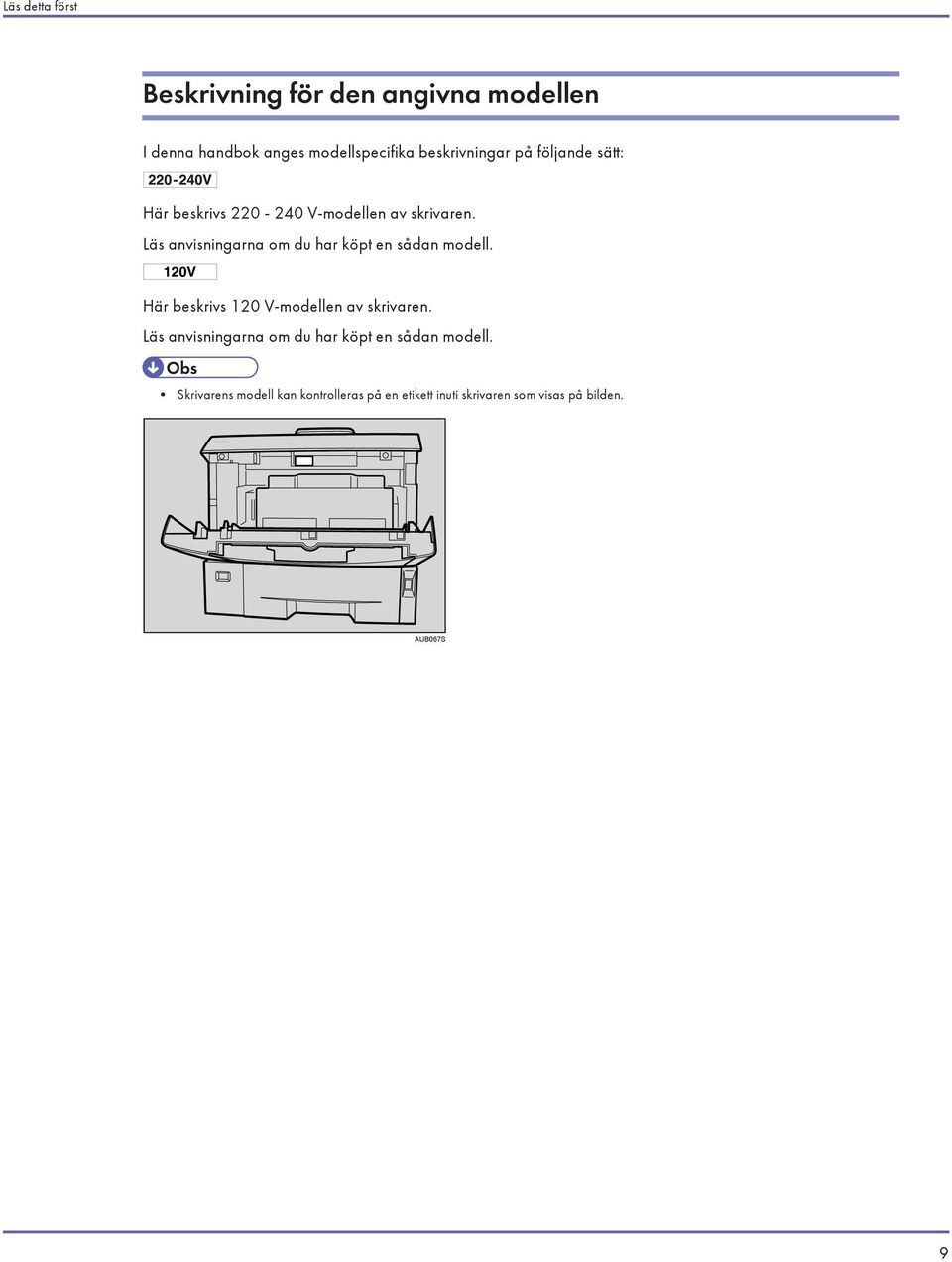 Läs anvisningarna om du har köpt en sådan modell. Här beskrivs 120 V-modellen av skrivaren.