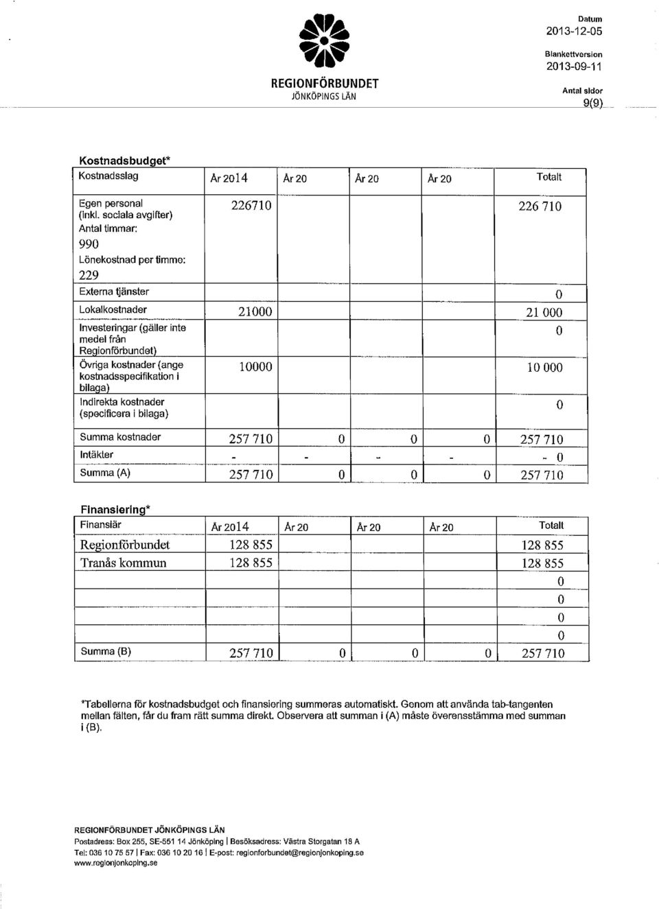 kstnadsspecifikatin l bllaqa) Indirekta kstnader (specificera i bilaga) 10000 10 000 Summa kstnader 257 710 257 710 Intäkter - - - - - Summa (A) 257 710 257 710 Finansienng' * Finansiär Ar2014 Ar20