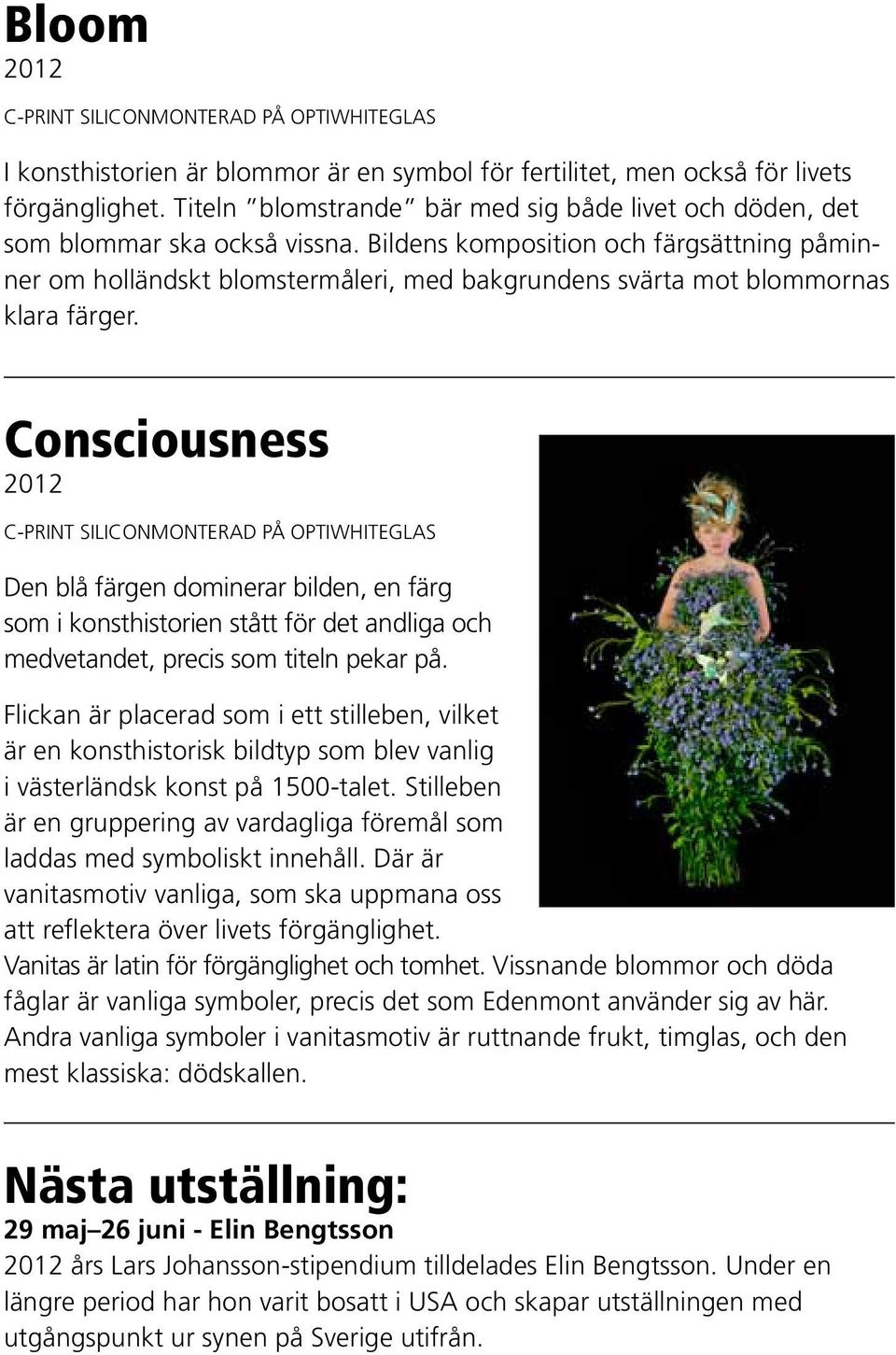 Consciousness Den blå färgen dominerar bilden, en färg som i konsthistorien stått för det andliga och medvetandet, precis som titeln pekar på.