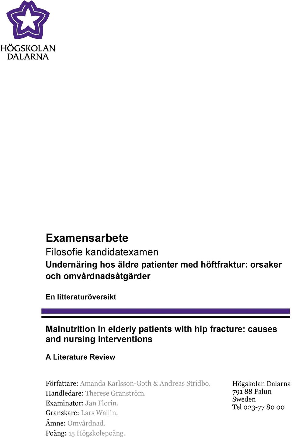 Literature Review Författare: Amanda Karlsson-Goth & Andreas Stridbo. Handledare: Therese Granström.