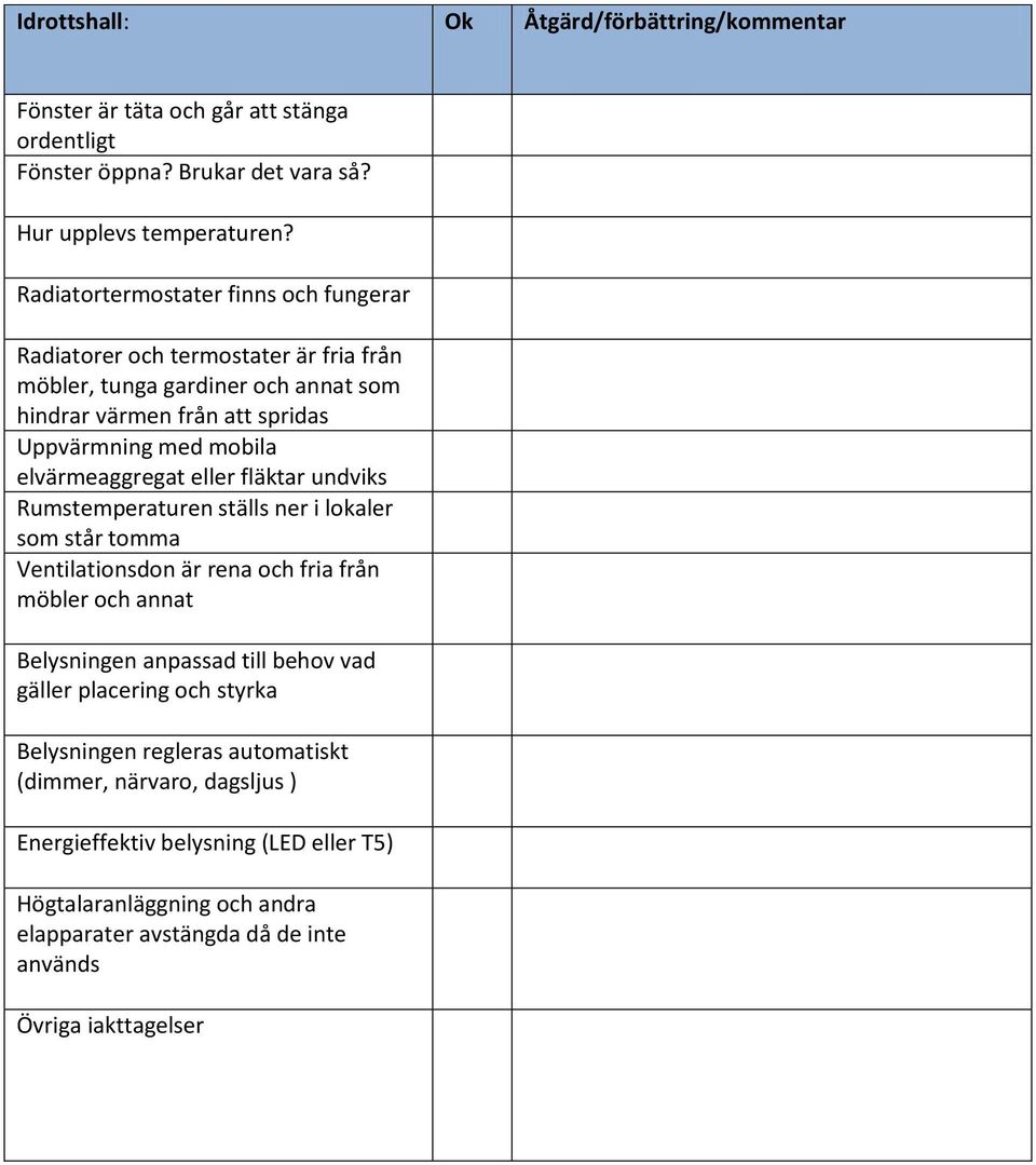 elvärmeaggregat eller fläktar undviks Rumstemperaturen ställs ner i lokaler som står tomma Ventilationsdon är rena och fria från möbler och