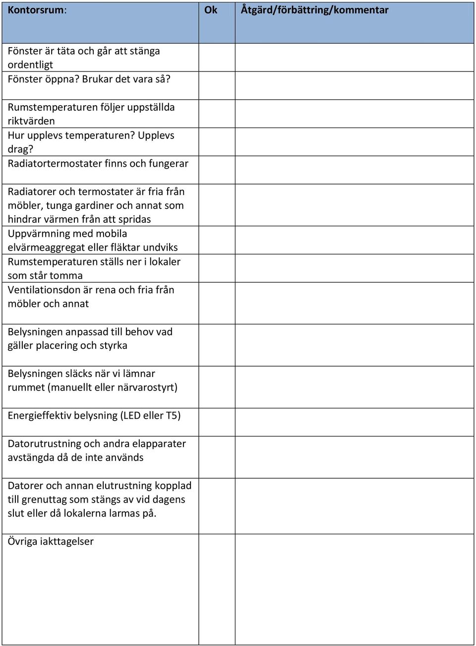 ställs ner i lokaler som står tomma Ventilationsdon är rena och fria från möbler och annat Belysningen anpassad till behov vad gäller placering och styrka Belysningen släcks när vi lämnar
