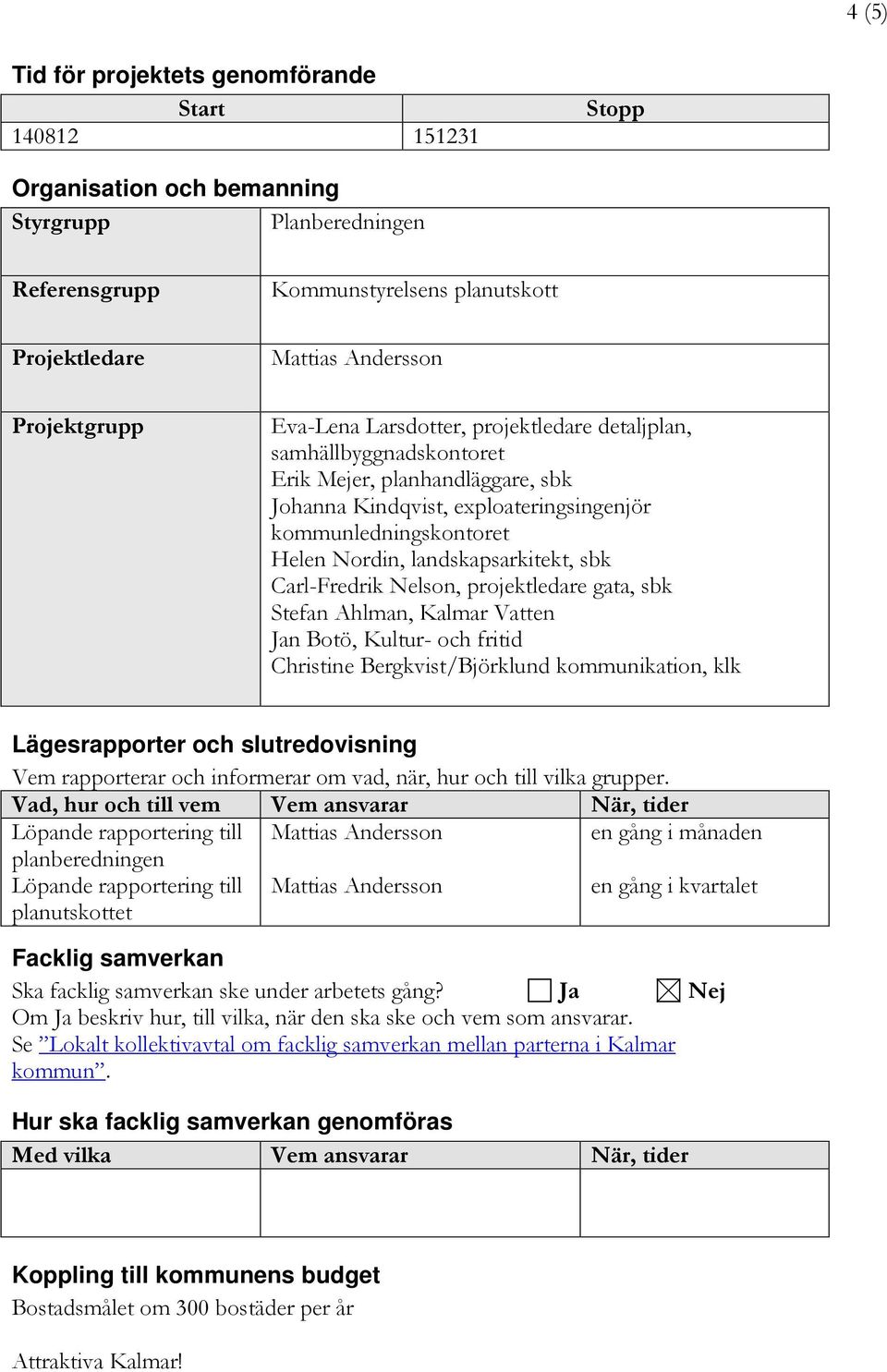 landskapsarkitekt, sbk Carl-Fredrik Nelson, projektledare gata, sbk Stefan Ahlman, Kalmar Vatten Jan Botö, Kultur- och fritid Christine Bergkvist/Björklund kommunikation, klk Lägesrapporter och