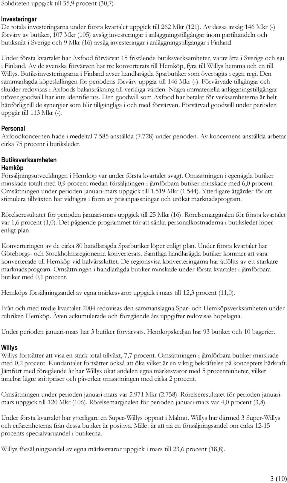 anläggningstillgångar i Finland. Under första kvartalet har Axfood förvärvat 15 fristående butiksverksamheter, varav åtta i Sverige och sju i Finland.