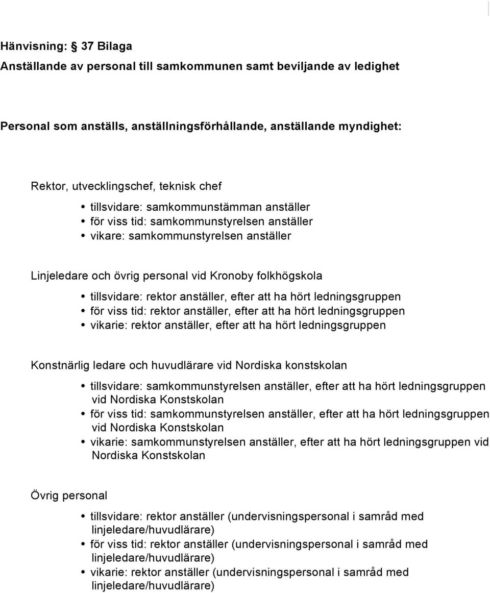 anställer, efter att ha hört ledningsgruppen för viss tid: rektor anställer, efter att ha hört ledningsgruppen vikarie: rektor anställer, efter att ha hört ledningsgruppen Konstnärlig ledare och