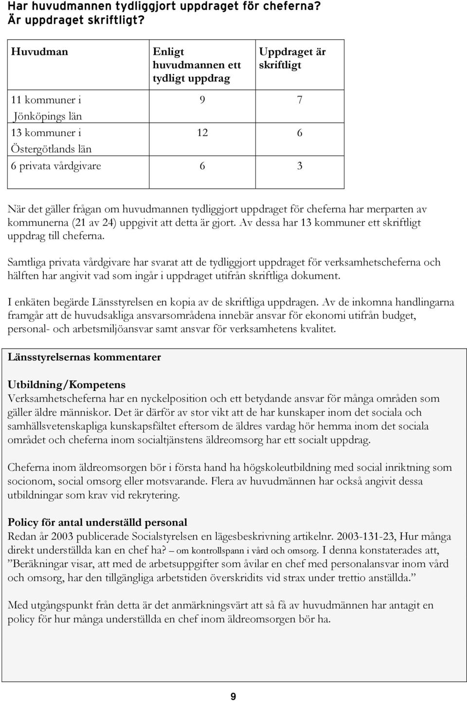 huvudmannen tydliggjort uppdraget för cheferna har merparten av kommunerna (21 av 24) uppgivit att detta är gjort. Av dessa har 13 kommuner ett skriftligt uppdrag till cheferna.