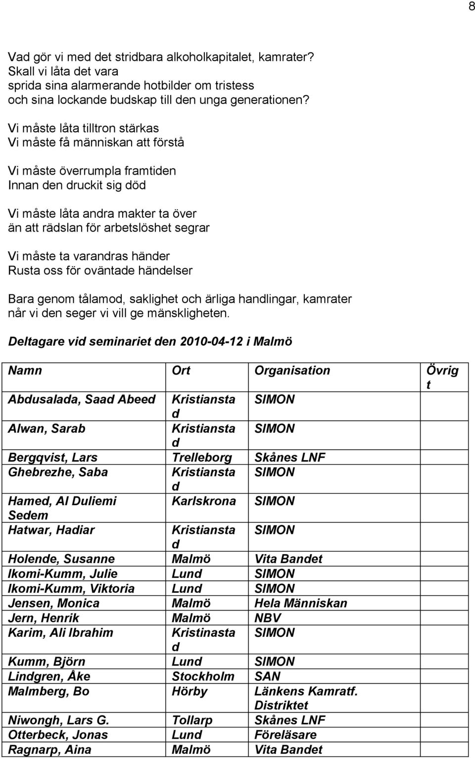 varanras häner Rusta oss för oväntae hänelser Bara genom tålamo, saklighet och ärliga hanlingar, kamrater når vi en seger vi vill ge mänskligheten.