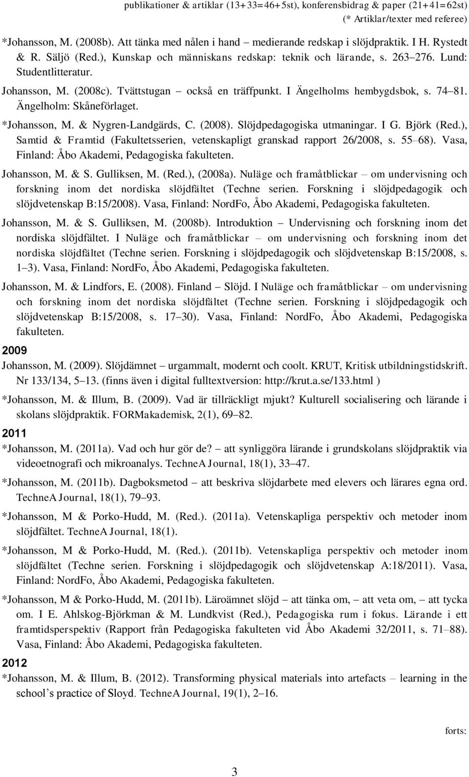 Slöjdpedagogiska utmaningar. I G. Björk (Red.), Samtid & Framtid (Fakultetsserien, vetenskapligt granskad rapport 26/2008, s. 55 68). Vasa, Finland: Åbo Akademi, Pedagogiska fakulteten. Johansson, M.