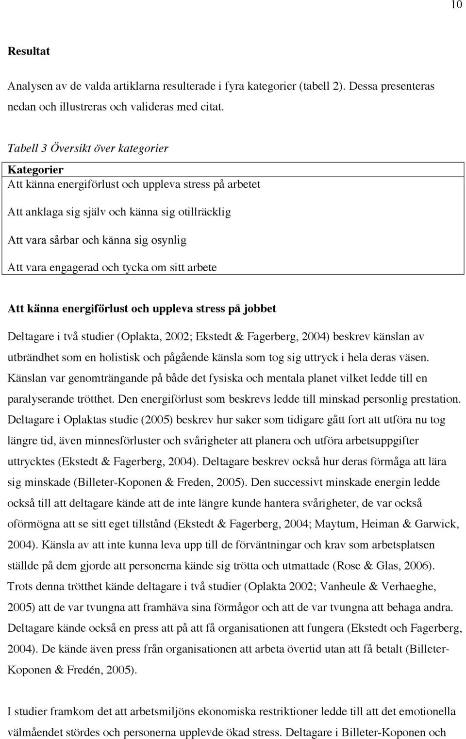 engagerad och tycka om sitt arbete Att känna energiförlust och uppleva stress på jobbet Deltagare i två studier (Oplakta, 2002; Ekstedt & Fagerberg, 2004) beskrev känslan av utbrändhet som en