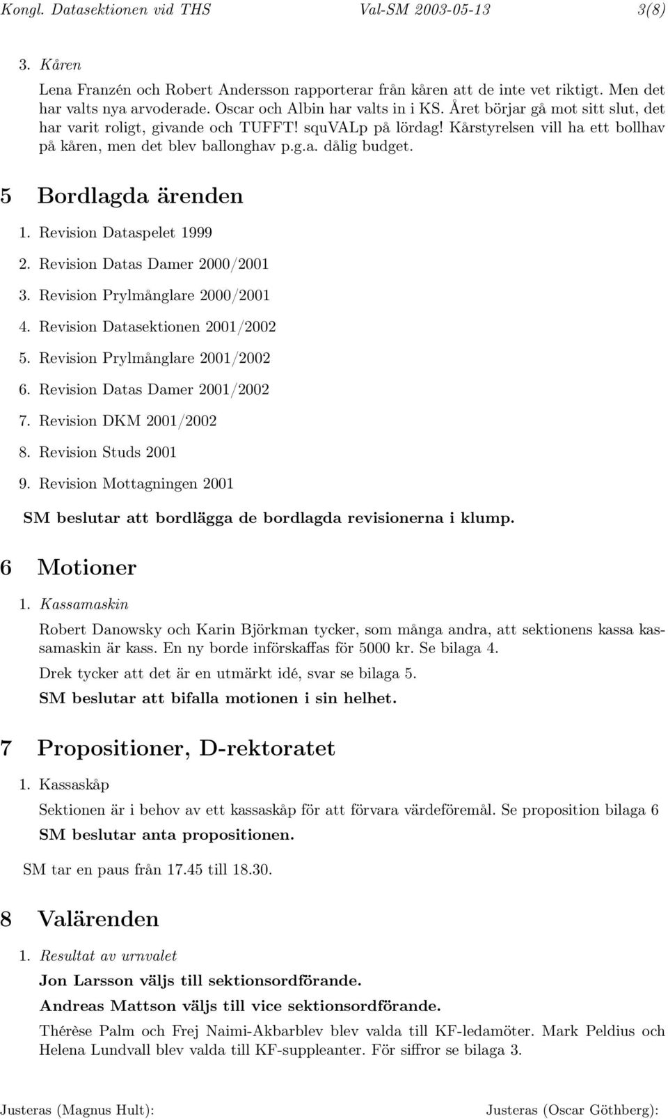 5 Bordlagda ärenden 1. Revision Dataspelet 1999 2. Revision Datas Damer 2000/2001 3. Revision Prylmånglare 2000/2001 4. Revision Datasektionen 2001/2002 5. Revision Prylmånglare 2001/2002 6.