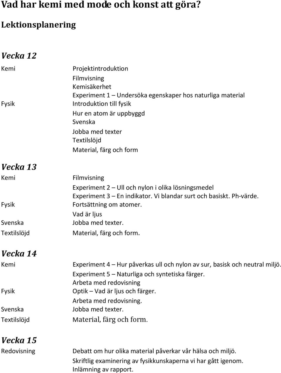 Undersöka egenskaper hos naturliga material Introduktion till fysik Hur en atom är uppbyggd Svenska Jobba med texter Textilslöjd Material, färg och form Filmvisning Experiment 2 Ull och nylon i olika