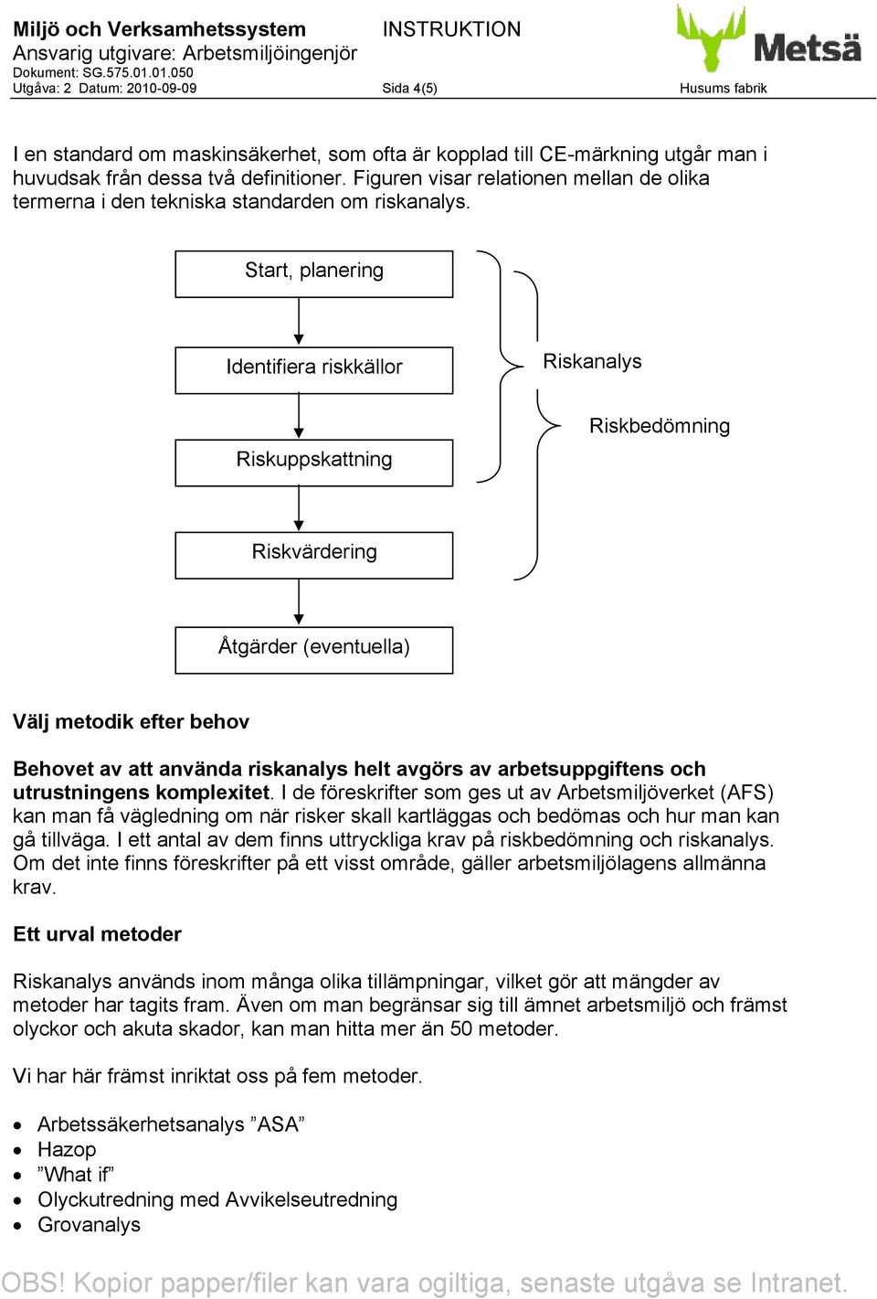 Start, planering Identifiera riskkällor Riskanalys Riskuppskattning Riskbedömning Riskvärdering Åtgärder (eventuella) Välj metodik efter behov Behovet av att använda riskanalys helt avgörs av