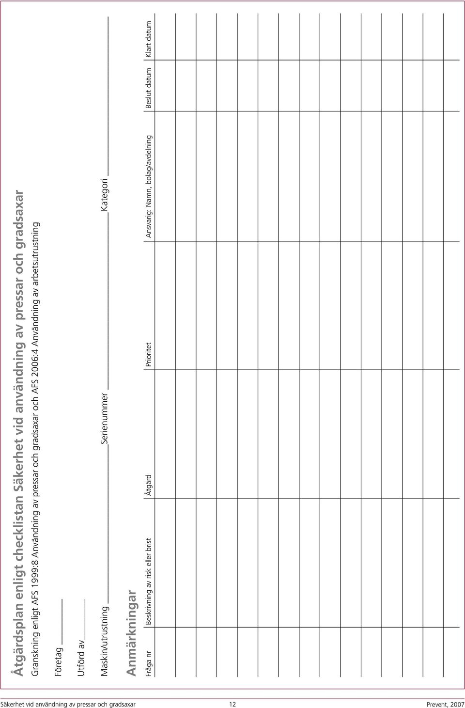 Maskin/utrustning Serienummer Kategori Anmärkningar Fråga nr Beskrivning av risk eller brist Åtgärd