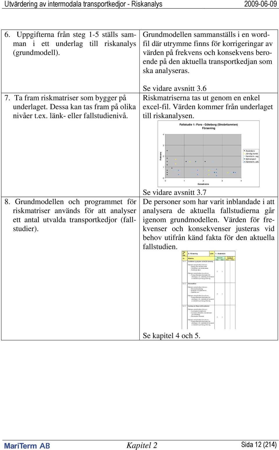 Grundmodellen sammanställs i en wordfil där utrymme finns för korrigeringar av värden på frekvens och konsekvens beroende på den aktuella transportkedjan som ska analyseras. Se vidare avsnitt 3.