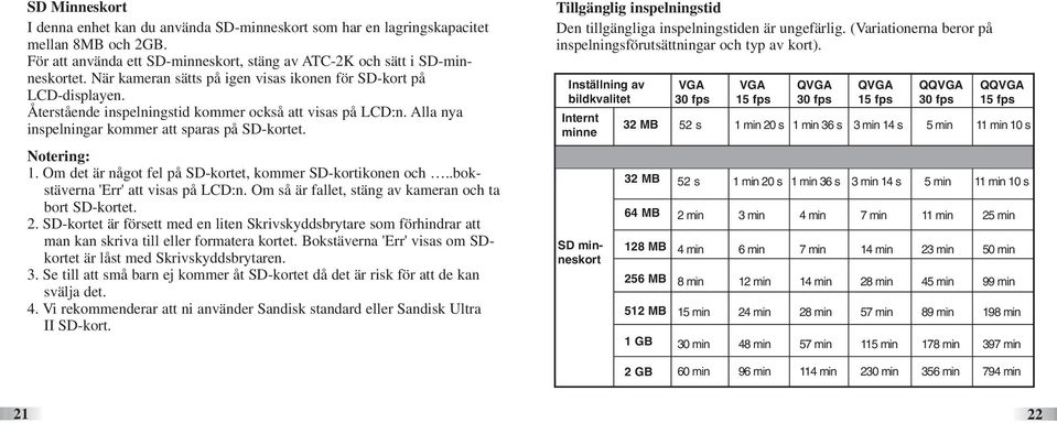 Om det är något fel på SD-kortet, kommer SD-kortikonen och..bokstäverna 'Err' att visas på LCD:n. Om så är fallet, stäng av kameran och ta bort SD-kortet. 2.