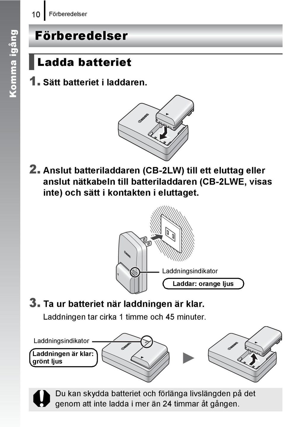 kontakten i eluttaget. Laddningsindikator Laddar: orange ljus 3. Ta ur batteriet när laddningen är klar.