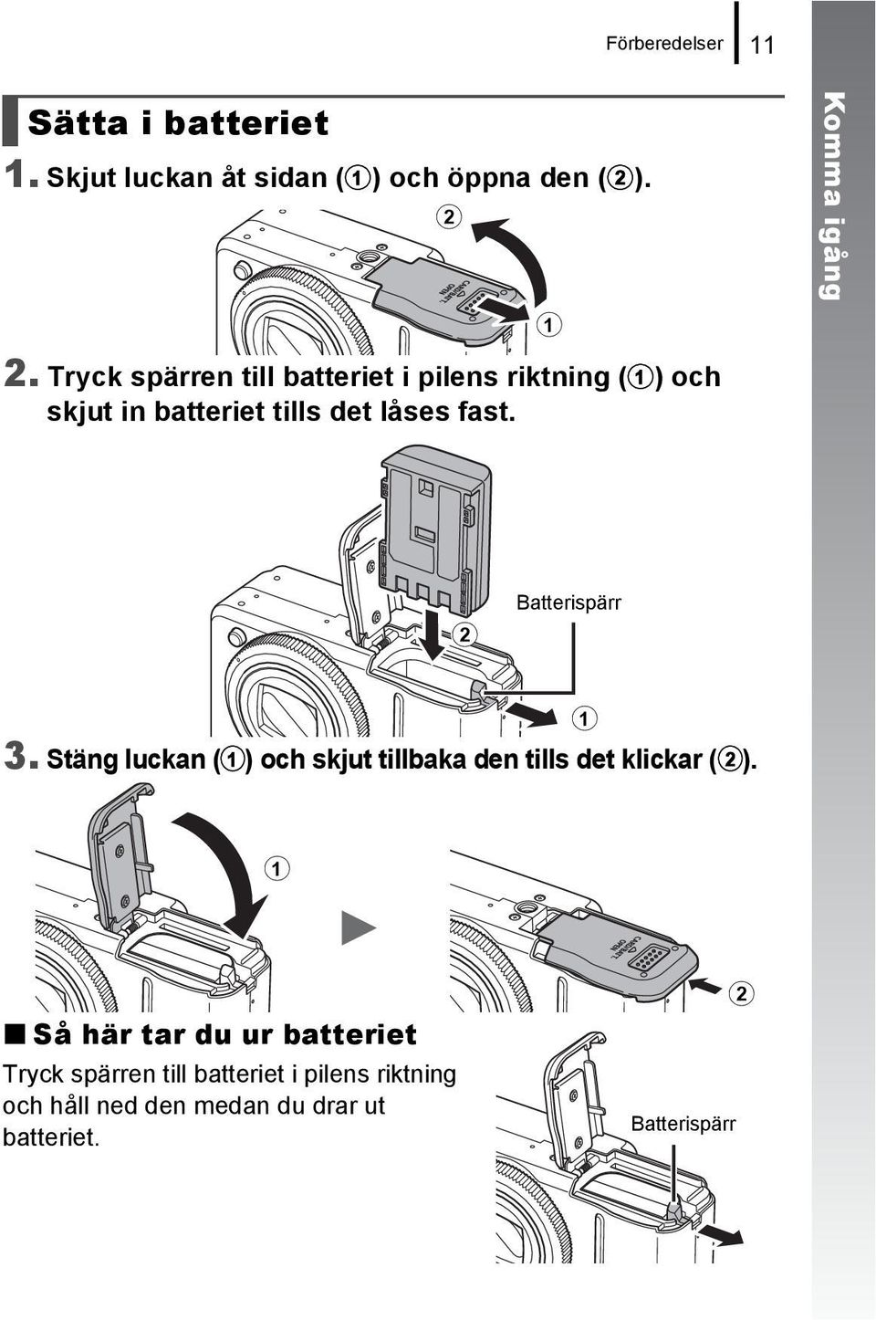 a Komma igång b Batterispärr a 3. Stäng luckan (a) och skjut tillbaka den tills det klickar (b).