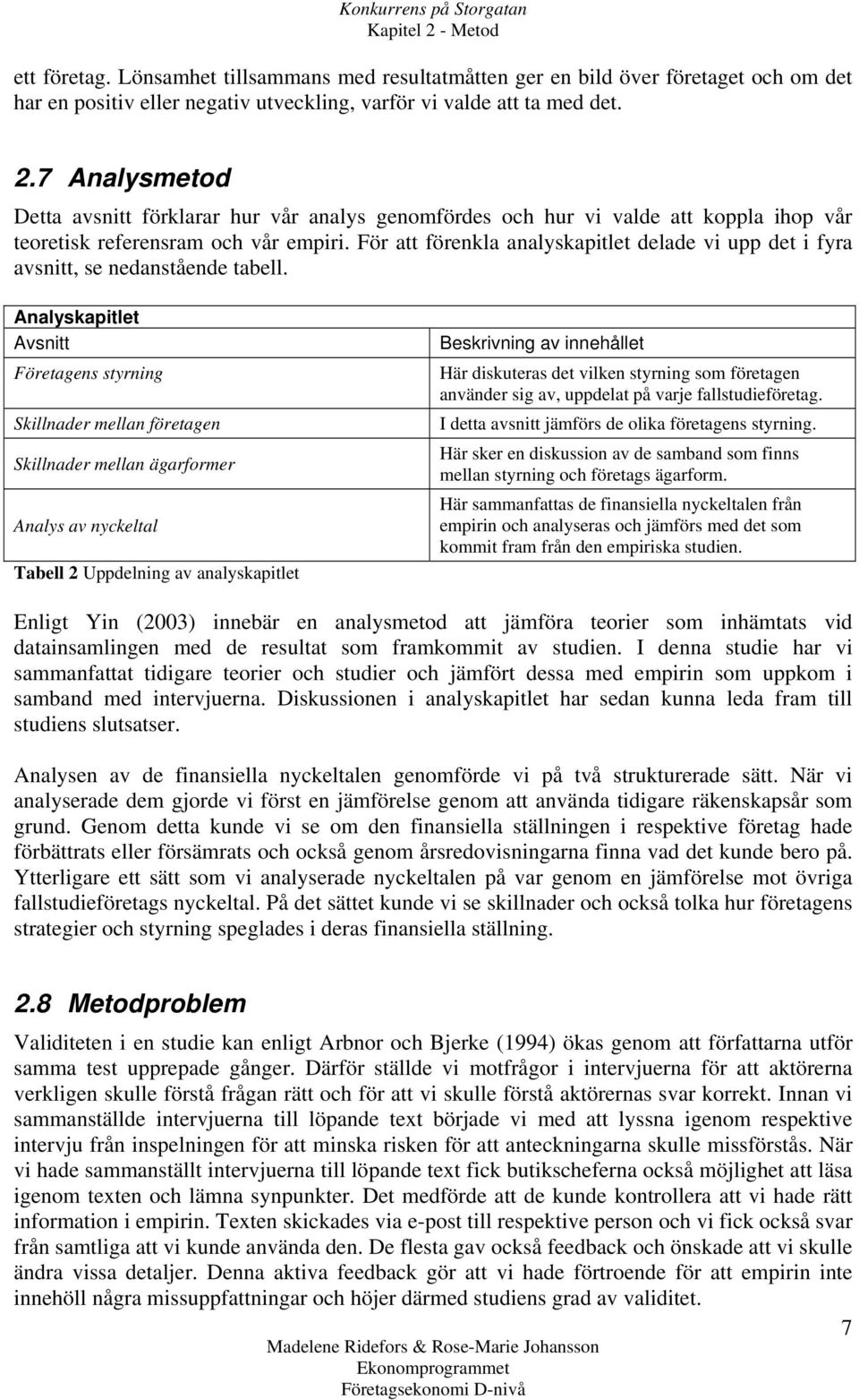 Analyskapitlet Avsnitt Företagens styrning Skillnader mellan företagen Skillnader mellan ägarformer Analys av nyckeltal Tabell 2 Uppdelning av analyskapitlet Beskrivning av innehållet Här diskuteras