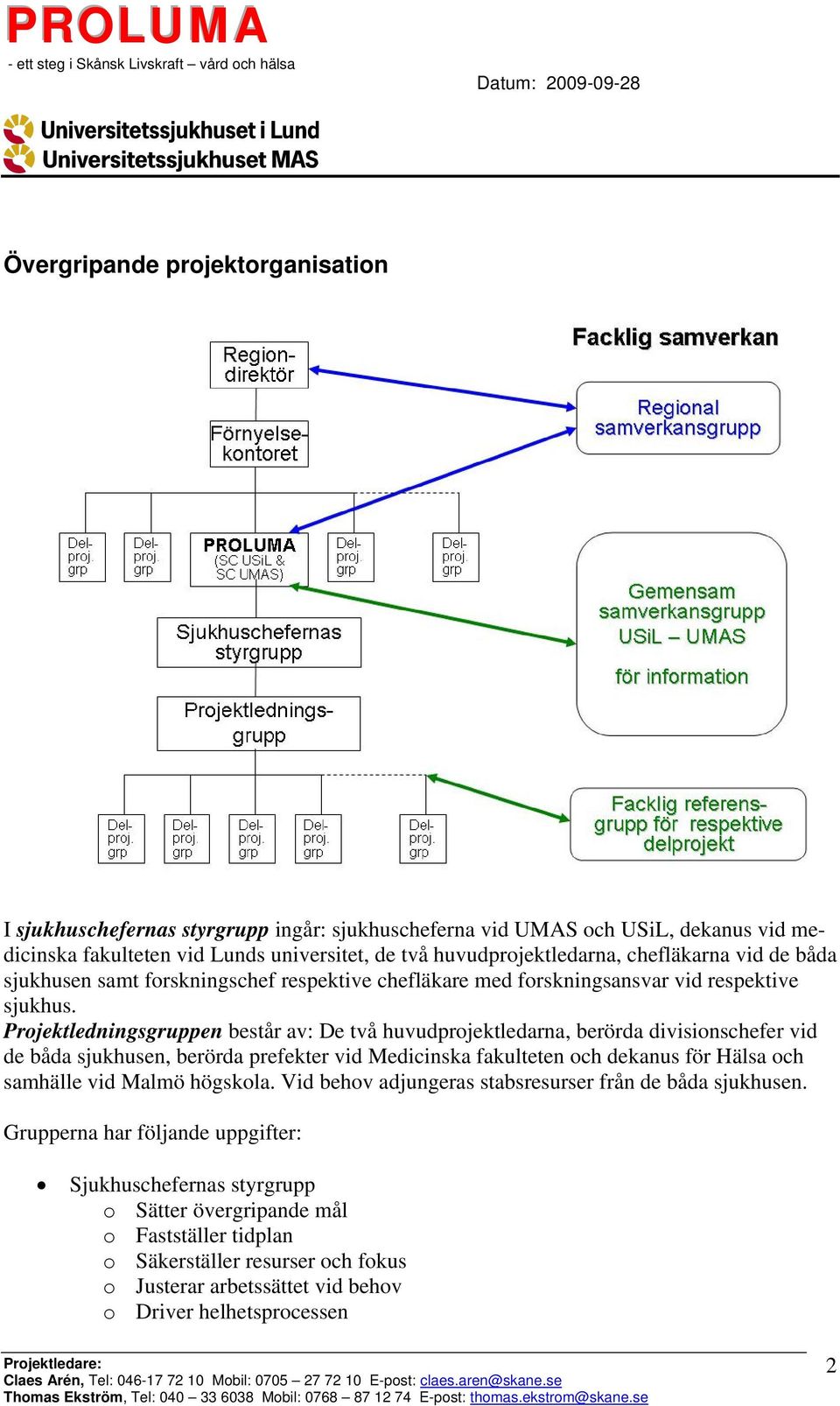 Projektledningsgruppen består av: De två huvudprojektledarna, berörda divisionschefer vid de båda sjukhusen, berörda prefekter vid Medicinska fakulteten och dekanus för Hälsa och samhälle vid