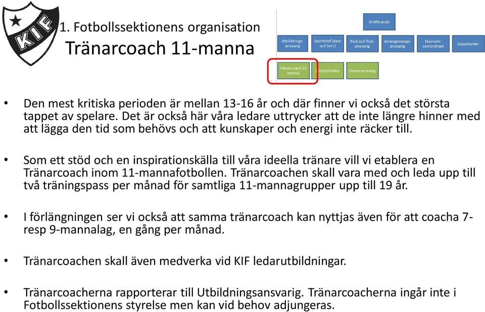 Som ett stöd och en inspirationskälla till våra ideella tränare vill vi etablera en Tränarcoach inom 11-mannafotbollen.