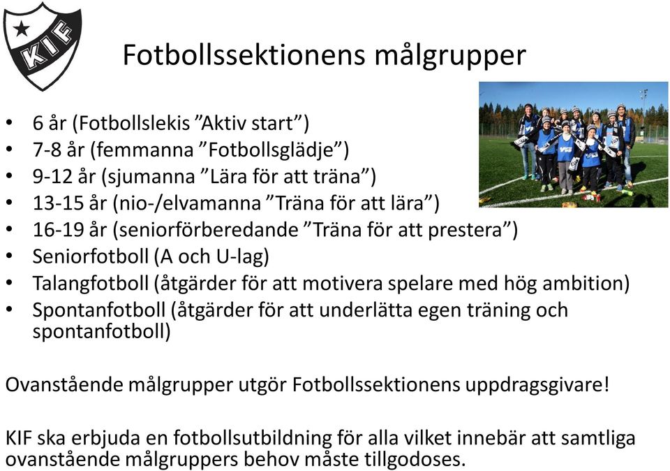 att motivera spelare med hög ambition) Spontanfotboll (åtgärder för att underlätta egen träning och spontanfotboll) Ovanstående målgrupper utgör