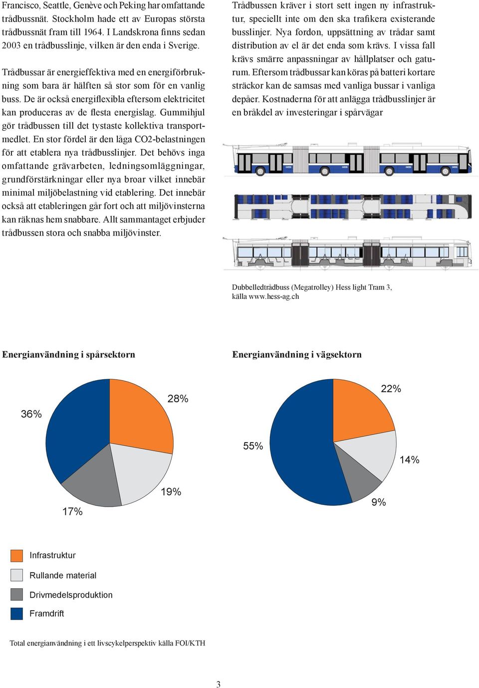 De är också energiflexibla eftersom elektricitet kan produceras av de flesta energislag. Gummihjul gör trådbussen till det tystaste kollektiva transportmedlet.