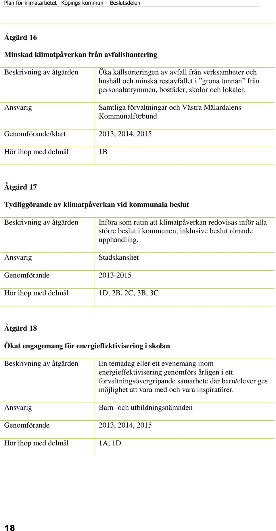 Samtliga förvaltningar och Västra Mälardalens Kommunalförbund Genomförande/klart 2013, 2014, 2015 1B Åtgärd 17 Tydliggörande av klimatpåverkan vid kommunala beslut Införa som rutin att klimatpåverkan