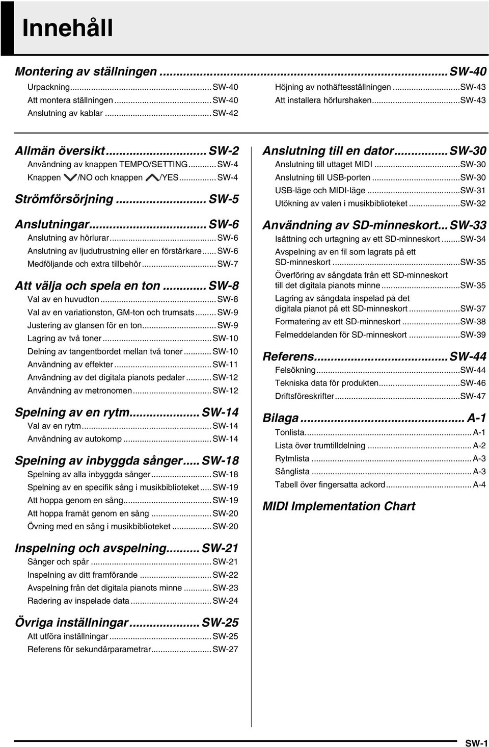 .. SW-6 Anslutning av ljudutrustning eller en förstärkare... SW-6 Medföljande och extra tillbehör... SW-7 Att välja och spela en ton... SW-8 Val av en huvudton.