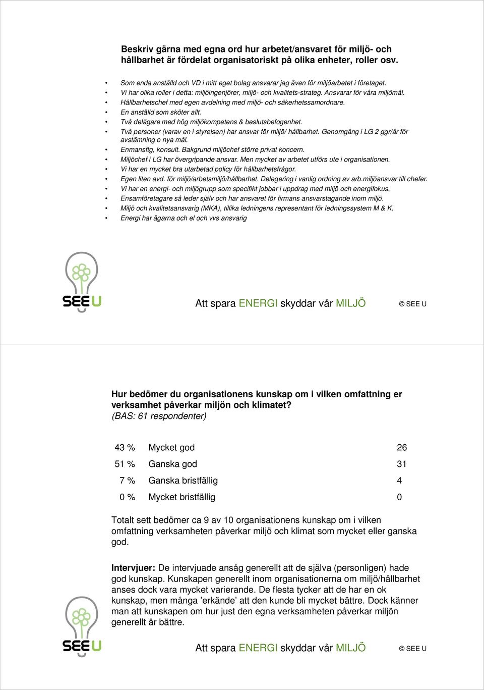 Hållbarhetschef med egen avdelning med miljö- och säkerhetssamordnare. En anställd som sköter allt. Två delägare med hög miljökompetens & beslutsbefogenhet.