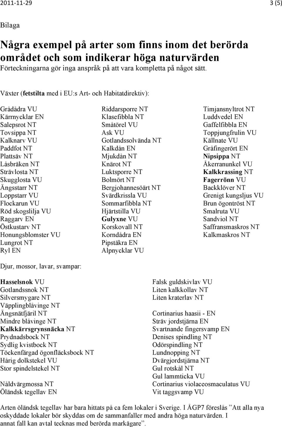 Loppstarr VU Flockarun VU Röd skogslilja VU Raggarv EN Östkustarv NT Honungsblomster VU Lungrot NT Ryl EN Djur, mossor, lavar, svampar: Riddarsporre NT Klasefibbla NT Småtörel VU Ask VU