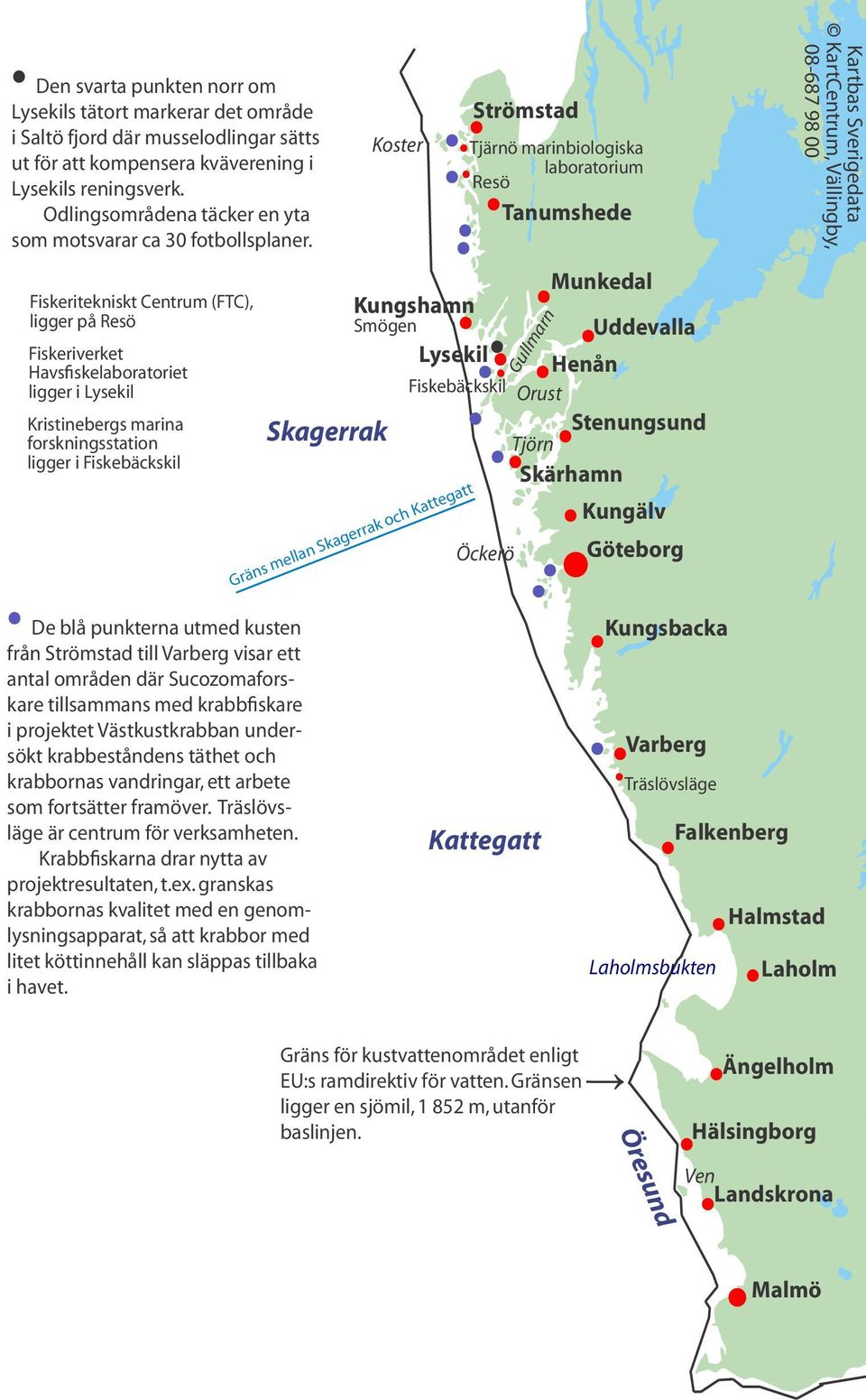 Fiskeritekniskt Centrum (FTC), ligger på Resö Fiskeriverket Havsfiskelaboratoriet ligger i Lysekil Kristinebergs marina forskningsstation ligger i Fiskebäckskil De blå punkterna utmed kusten från