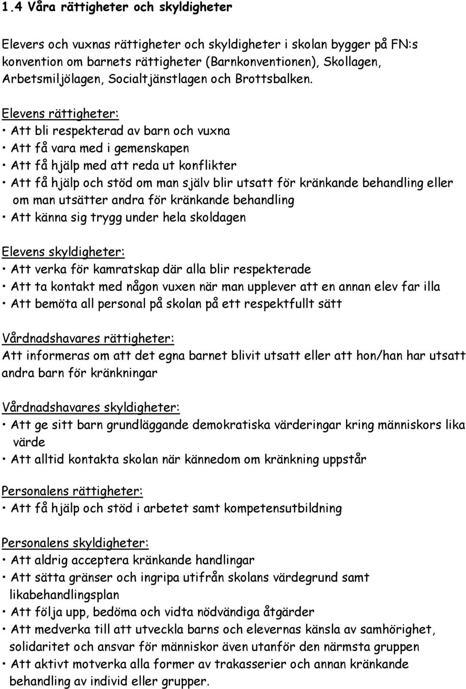 Elevens rättigheter: Att bli respekterad av barn och vuxna Att få vara med i gemenskapen Att få hjälp med att reda ut konflikter Att få hjälp och stöd om man själv blir utsatt för kränkande