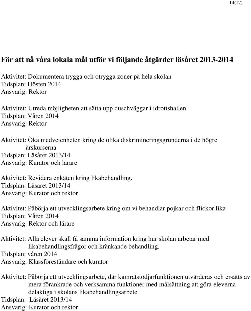 Läsåret 2013/14 Ansvarig: Kurator och lärare Aktivitet: Revidera enkäten kring likabehandling.