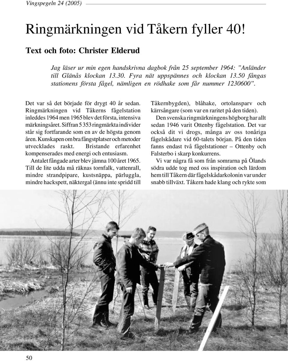 Ringmärkningen vid Tåkerns fågelstation inleddes 1964 men 1965 blev det första, intensiva märkningsåret. Siffran 5353 ringmärkta individer står sig fortfarande som en av de högsta genom åren.