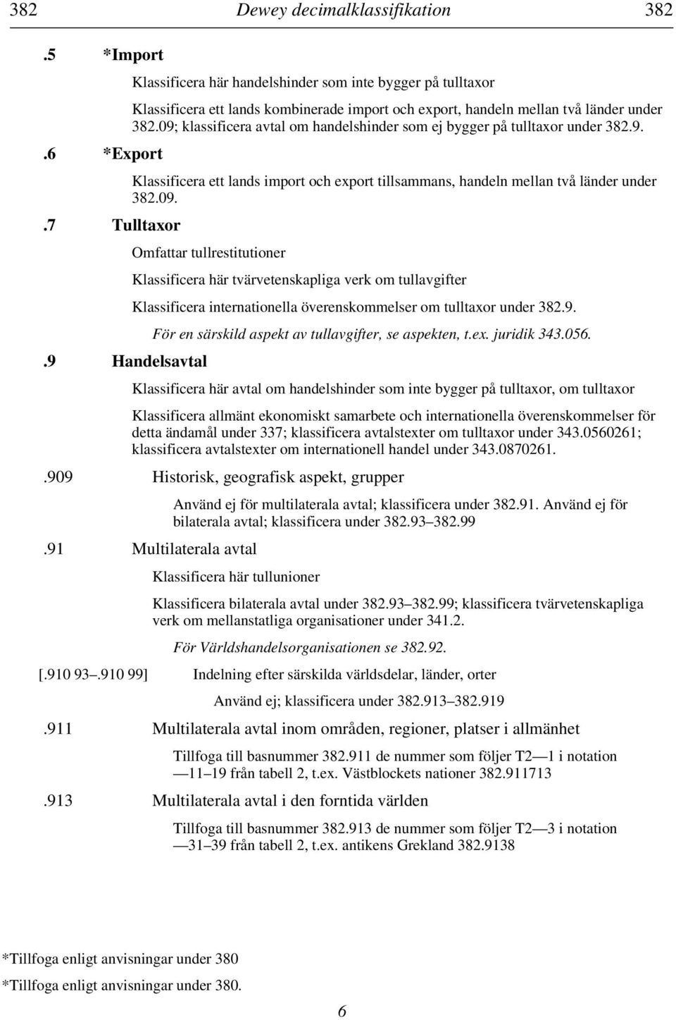 09; klassificera avtal om handelshinder som ej bygger på tulltaxor under 382.9. Klassificera ett lands import och export tillsammans, handeln mellan två länder under 382.09. Omfattar tullrestitutioner Klassificera här tvärvetenskapliga verk om tullavgifter Klassificera internationella överenskommelser om tulltaxor under 382.