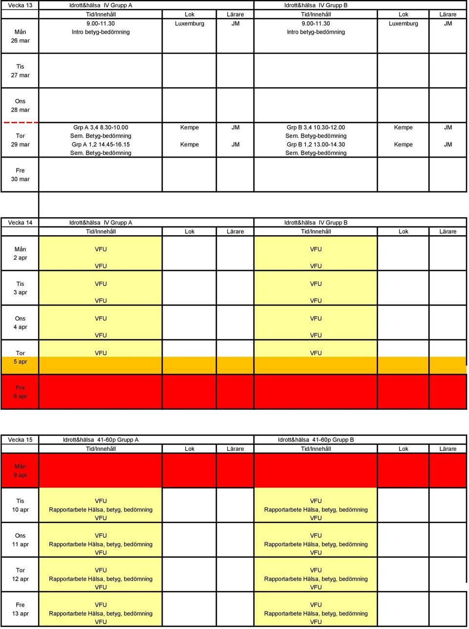 Betyg-bedömning 29 mar Grp A 1,2 14.45-16.15 Kempe JM Grp B 1,2 13.00-14.30 Kempe JM Sem. Betyg-bedömning Sem.