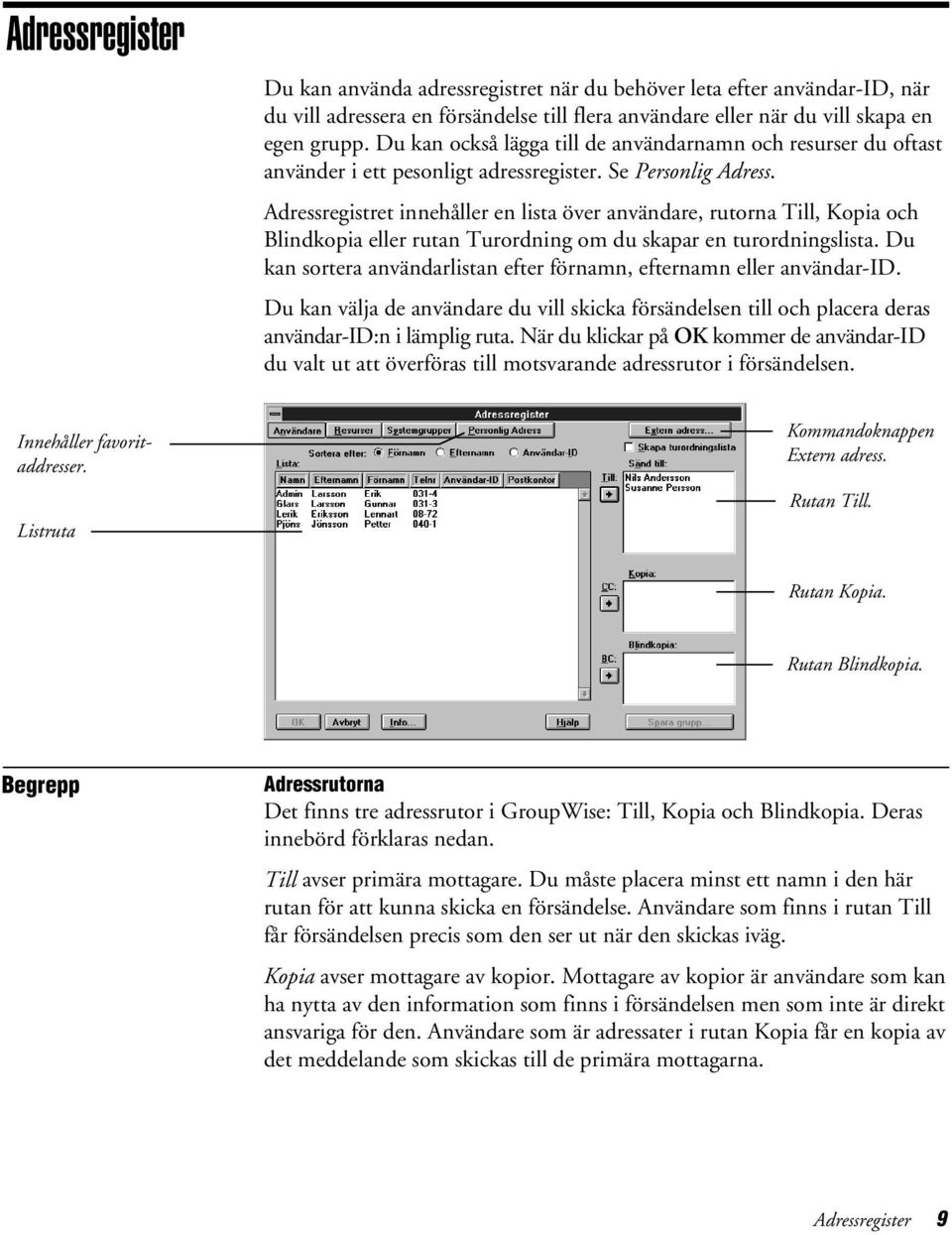 Adressregistret innehåller en lista över användare, rutorna Till, Kopia och Blindkopia eller rutan Turordning om du skapar en turordningslista.