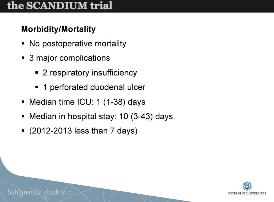 duodenal ulcer Median time ICU: 1 (1-38) days Median in