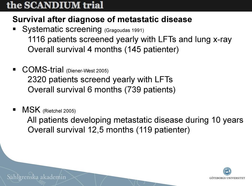 (Diener-West 2005) 2320 patients screend yearly with LFTs Overall survival 6 months (739 patients) MSK