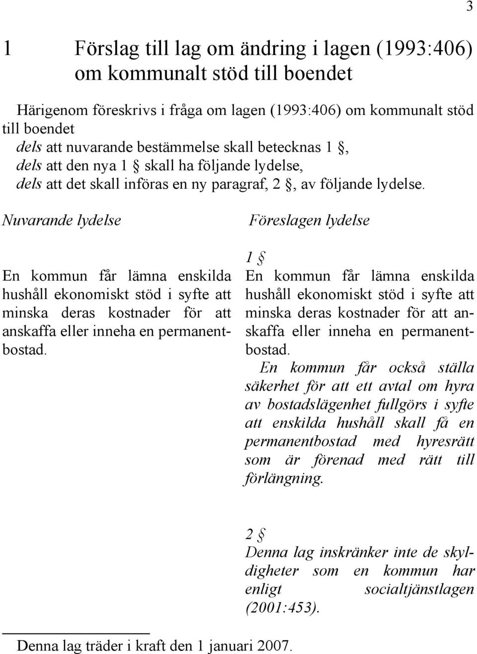 3 Nuvarande lydelse En kommun får lämna enskilda hushåll ekonomiskt stöd i syfte att minska deras kostnader för att anskaffa eller inneha en permanentbostad.