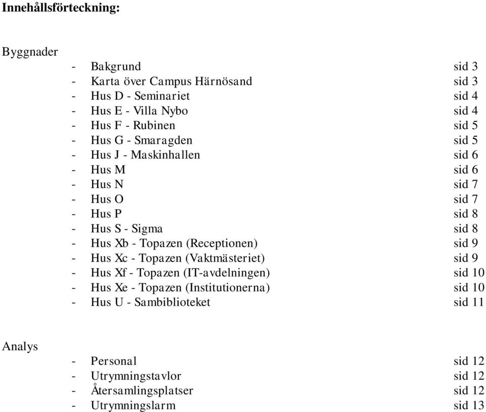 Sigma sid 8 - Hus Xb - Topazen (Receptionen) sid 9 - Hus Xc - Topazen (Vaktmästeriet) sid 9 - Hus Xf - Topazen (IT-avdelningen) sid 10 - Hus