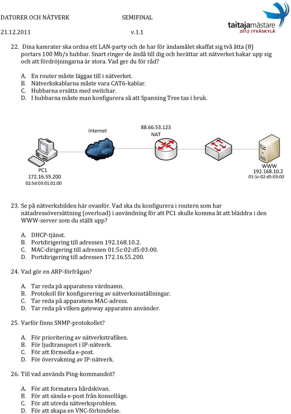 Nätverkskablarna måste vara CAT6 kablar. C. Hubbarna ersätts med switchar. D. I hubbarna måste man konfigurera så att Spanning Tree tas i bruk. 23. Se på nätverksbilden här ovanför.