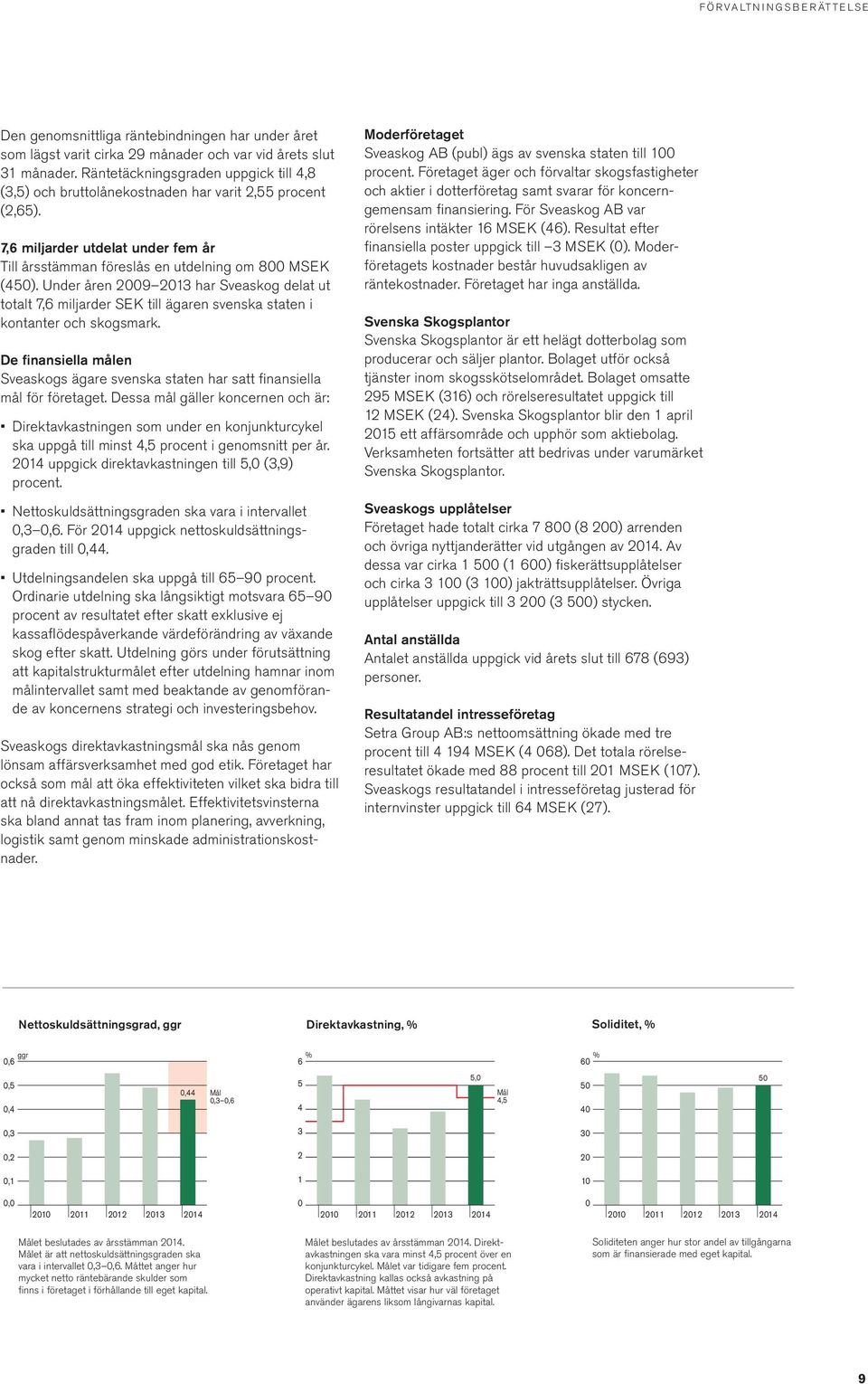 Under åren 2009 2013 har Sveaskog delat ut totalt 7,6 miljarder SEK till ägaren svenska staten i kontanter och skogsmark.