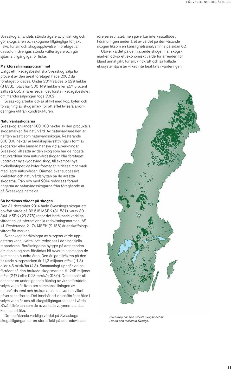 Markförsäljningsprogrammet Enligt ett riksdagsbeslut ska Sveaskog sälja tio procent av den areal företaget hade 2002 då företaget bildades. Under 2014 såldes 5 629 hektar (8 853).