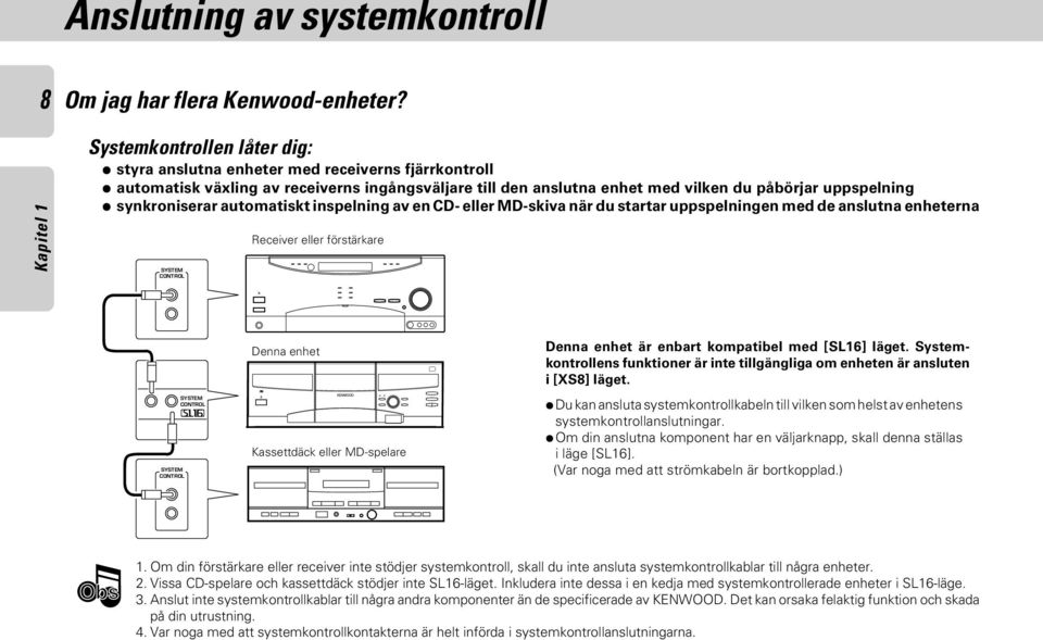 synkroniserar automatiskt inspelning av en CD- eller MD-skiva när du startar uppspelningen med de anslutna enheterna SYSTEM CONTROL Receiver eller förstärkare Chapter SYSTEM CONTROL SYSTEM CONTROL