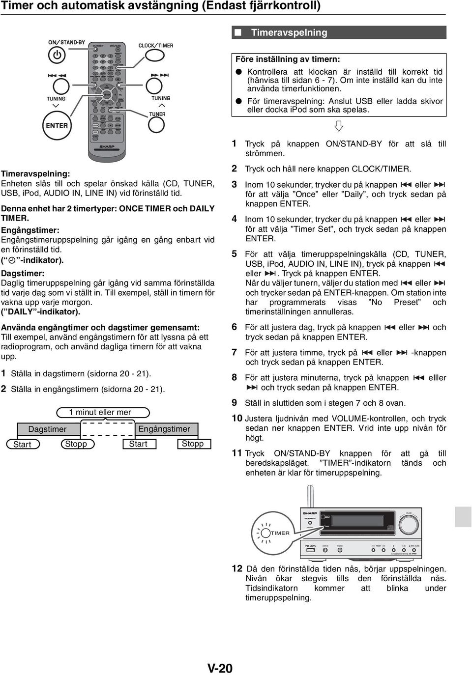 Timeravspelning: Enheten slås till och spelar önskad källa (CD, TUNER, USB, ipod, AUDIO IN, LINE IN) vid förinställd tid. Denna enhet har 2 timertyper: ONCE TIMER och DAILY TIMER.