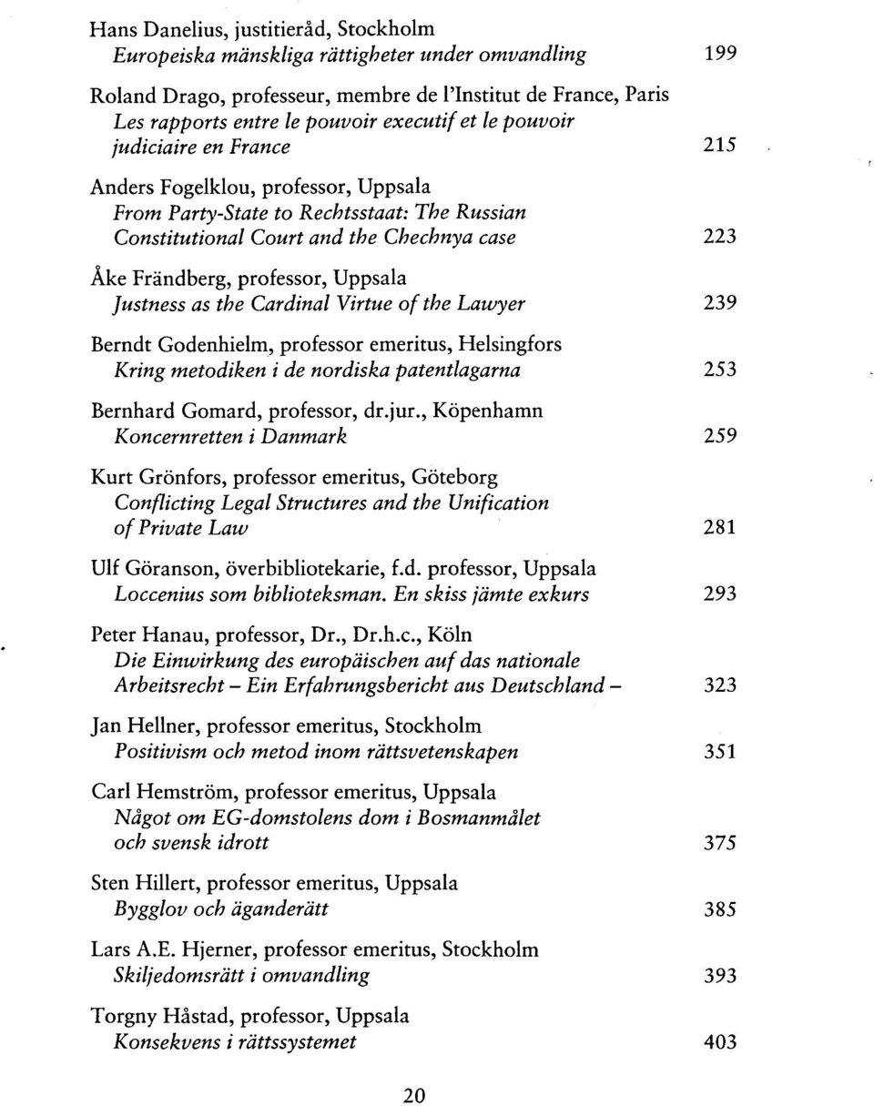 Justness as the Cardinal Virtue of the Lawyer 239 Berndt Godenhielm, professor emeritus, Helsingfors Kring metodiken i de nordiska patentlagarna 253 Bernhard Gomard, professor, dr.jur.